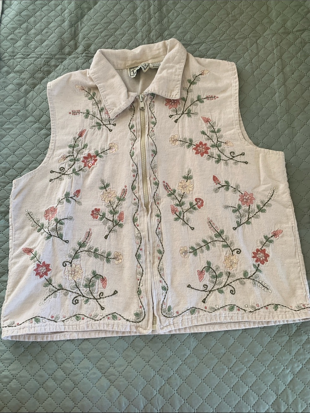 Vintage Embroidered Cotton Linen Sleeveless Zip Top Vest